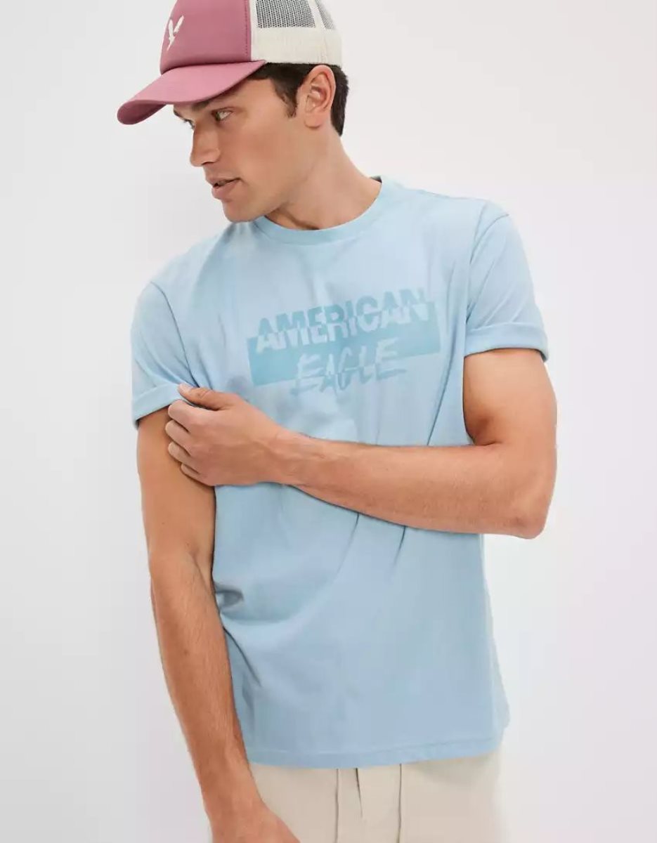 T Shirt Graphique American Eagle AE Super Soft Logo Turquoise Clair Homme | HRT-04306841